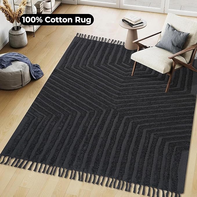Boho Farmhouse Cotton Area Rug 4x6, Washable Tufted Indoor Carpet for Living Room Bedroom Office Room Dining Room Kitchen, Soft Grey Floor Rug, Decorative Home Décor Accent
