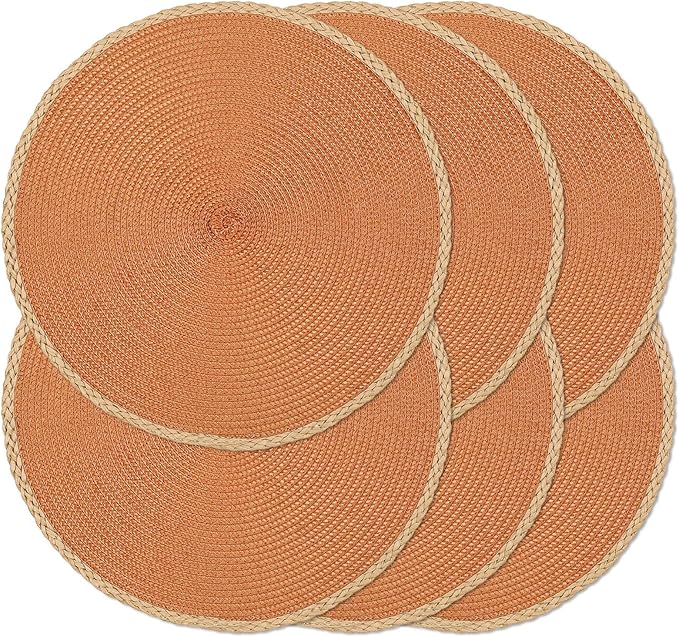 Noctiflorous Round Braided Placemats Set of 6 Table Mats 15 Inches Washable Heat Resistant for Dining Table Non-Slip Indoor Outdoor Place Mats for Thanksgiving Christmas Easter(Orange Thin Edge 6)