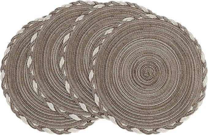 Floroom 15 Inch Round Braided Placemats Set of 4, Washable Heat Resistant Cotton Polyester Circle Place Mats for Kitchen Dining Table - Multicolor Earth Taupe