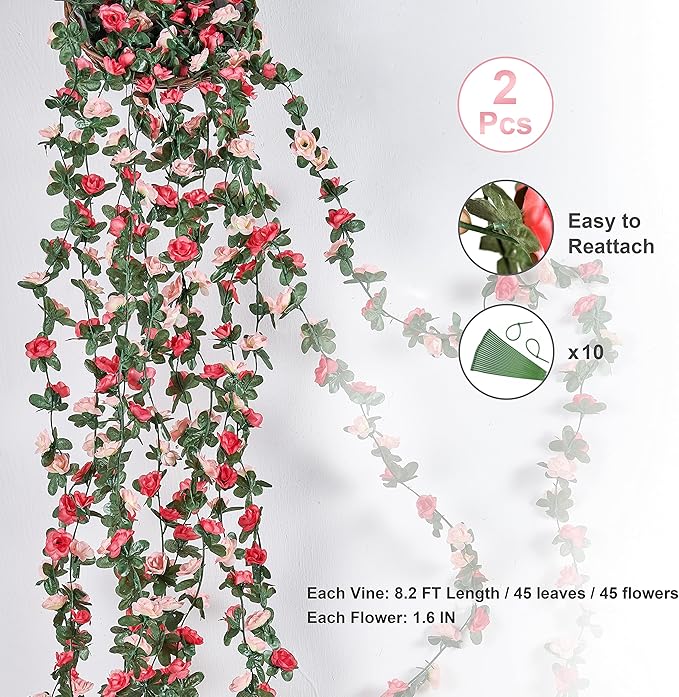 BLEUM CADE 2Pcs 16.4Ft Flower Garland Artificial Rose Vines for Bedroom, Cute Fake Hanging Flower Vines Floral Garland Decorations for Wedding Party Wall Room Decor Aesthetic