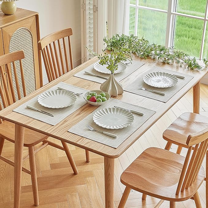 Softalker Faux Linen Placemats Set of 4-12 x 18 Inch, Heat Resistant Double Layered Durable Burlap Farmhouse Place Mats, Non-Slip Washable Rustic Table Mats for Dining, Kitchen, Party๏ผCream