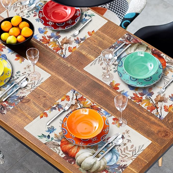 Fall Placemats Set of 4, 12 x 18 Inch Blue and Orange Pumpkin Fall Maple Leaves Washable Heat Resistant Rectangle Place Mat Thanksgiving Decor Table Mats for Seasonal Kitchen Dining