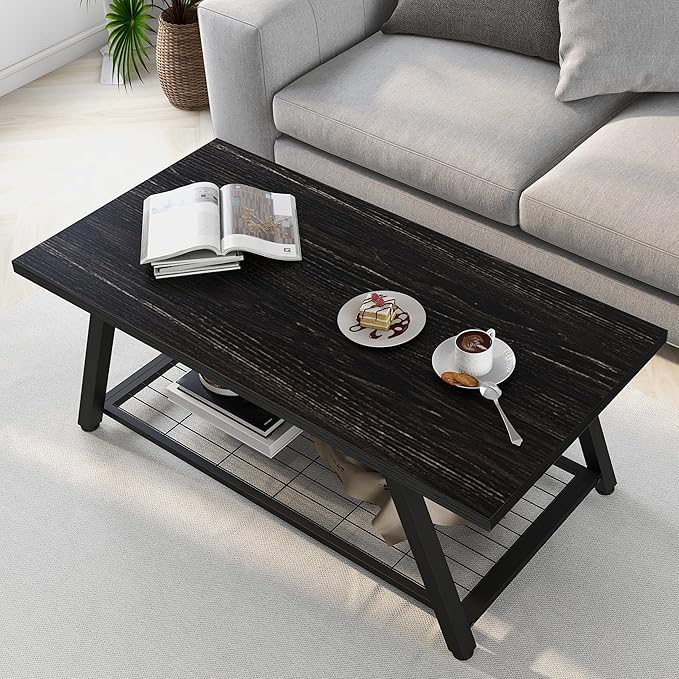 Tohomeor 2-Tier Industrial Coffee Table Mnimalist Vintage Farmhouse Wooden and Metal Living Room Coffee Table with Storage Shelf Accent Furniture (Charcoal Black)
