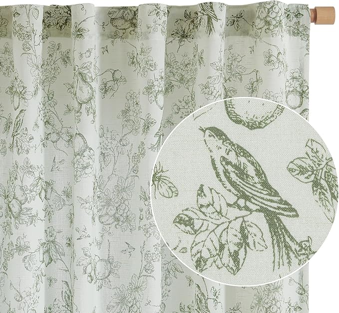 jinchan Linen Floral Curtains for Living Room 63 Inch Long Sage Green Printed Flower French Country Curtain Farmhouse Cottage Core Toile Curtains Back Tab Light Filtering Window Drapes Set 2 Panels
