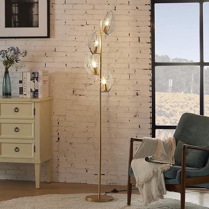 WOXXX Industrial Gold Floor Lamp with 4 Brush Black Finish Leaf Shade, Modern Tree Floor Lamps for Living Room Bedrooms Reading Standing Lamp Living Room Lamps Farmhouse Tall Lamp (4 Bulbs Included)