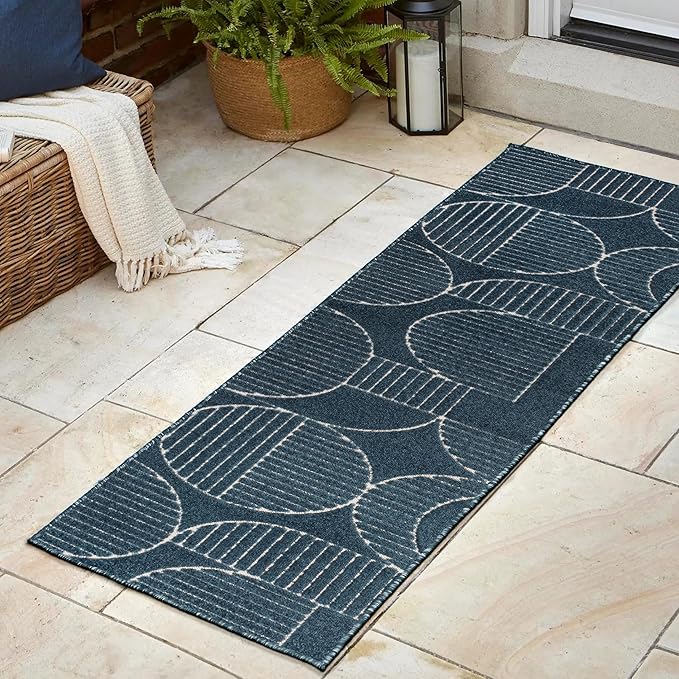 JONATHAN Y SCN104A-28 Nordby High-Low Geometric Arch Scandi Striped Indoor/Outdoor Runner Rug, Contemporary,Bohemian,Transitional for Bedroom,Kitchen,Living Room,Non Shedding,Easy-Washing, Blue,2 X 8