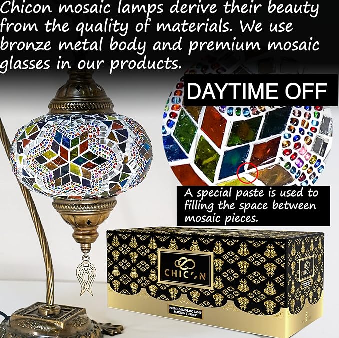 CHICON Handmade Mosaic Tiffany Boho Lamp | Genuine Glass Mosaic | A Piece of Art in Unique Moroccan Bohemian Small Table Lamp - SWAN Flower Mix