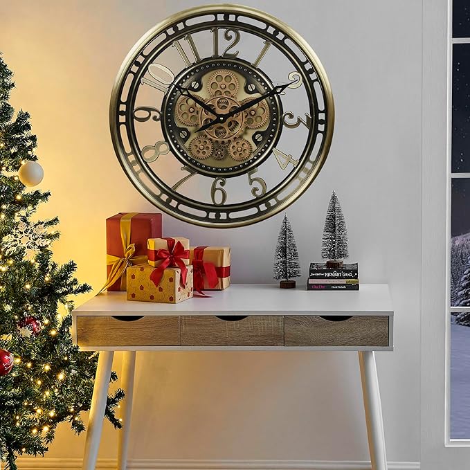CLXEAST 21 Inch Industrial Moving Gears Wall Clock,Modern Farmhouse Arabic Numeral Battery Operated Silent Wall Clock for Living Room Decor,Brushed Gold,House Warming Gifts New Home