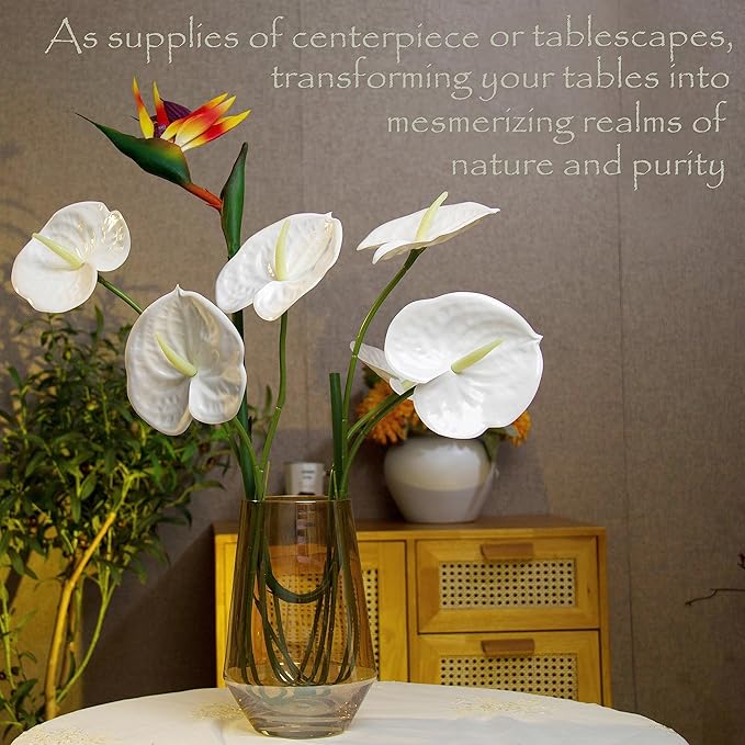 10pcs Artificial Anthurium,28 Inch Faux Tropical Plants Tailflowers,Realistic Flamingo Flower for Home Decor Centerpiece Wedding Bouquet Bonsai,White