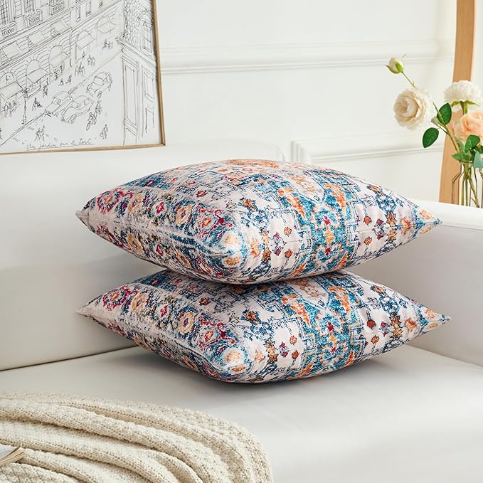 Boho Throw Pillow Covers 22x22 inch Set of 2,Boho Vintage Carpet Pattern Antique Ethnic Decor Double Sided Pattern Cushion Cover Soft Pillow Case Living Sofa Room Bed Square Pillow Cover