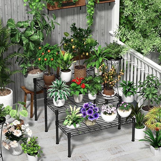 Xiofio 3 Tier Ladder Potted Multiple Plants for Indoor and Outdoor Plant Stands, Adjustable Shelves and Multifunctional Plant Racks suitable for living room balconies and gardens,(Black)