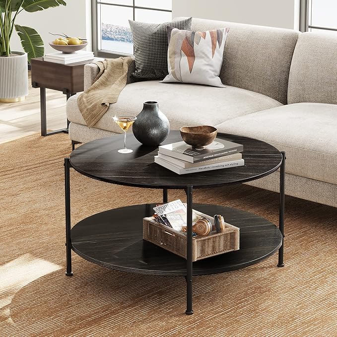WLIVE Round Coffee Table for Living Room, 32.6" Small Coffee Table with Open Storage Shelf, 2-Tier Industrial Circle Wood Center Table for Bedroom, Home Office, Charcoal Black