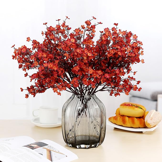JAKY-Global Babys Breath Silk Artificial Flowers Bulk 6pcs Farmhouse Fall Decor Fake Flower Bouquet Bulk for Home Kitchen Indoor Floral Arrangement Centerpieces Party Decor(Burnt Red Brown)