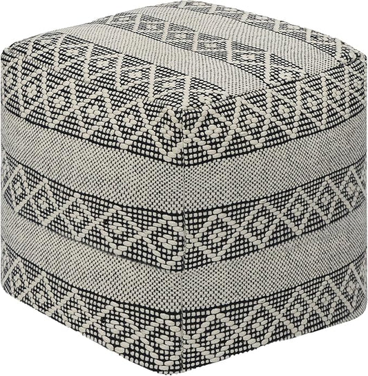 COTTON CRAFT Woven Dhurrie Pouf - Stripe Diamond Pattern Ottoman Footstool Bean Bag - Dorm Bedroom Small Spaces Accent Seating - Prefilled Comfortable Square Pouf Footrest - 16x16 - Ivory Black