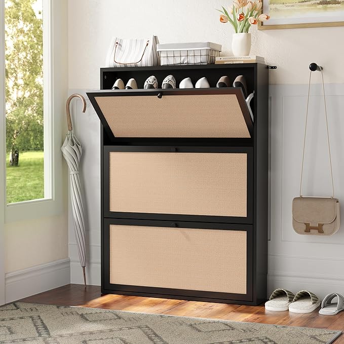 AVZEAR Narrow Shoe Storage Cabinet for Entryway with Natural Linen Panel, Freestanding Slim Shoe Cabinet with 3 Flip Drawers, Wood Shoe Organizer Closed Shoe Rack for Hallway, Living Room(Black)