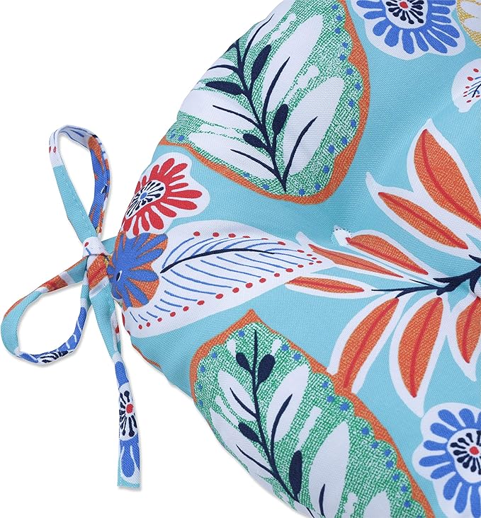 Pillow Perfect Bright Floral Indoor/Outdoor Chairpad with Ties Reversible, Tufted, Weather, and Fade Resistant, 15.5" x 16", Blue/Orange Marlow 2 Count