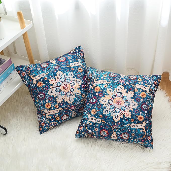 Boho Throw Pillow Covers 16x16 inch Set of 2,Boho Vintage Carpet Pattern Antique Ethnic Decor Double Sided Pattern Cushion Cover Soft Pillow Case Living Sofa Room Bed Square Pillow Cover