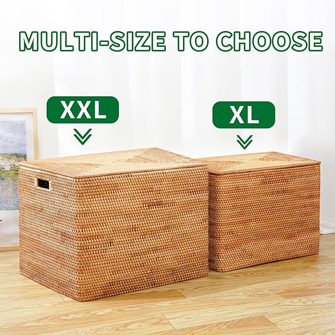 Rattan Basket With Lid, Large Lidded Basket For Storage, Rattan Box(22.8" L×19.7" W×17.7" H)