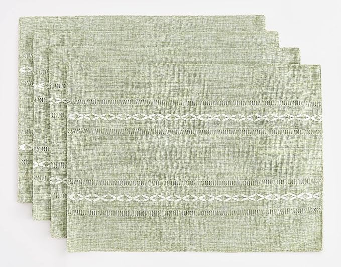 Wracra Cotton Linen Placemats, 12 x 18 Inch Set of 4 Fete Placemats Rustic Hemstitch Place Mats for Kitchen Table and Heat Resistant-Sage Green