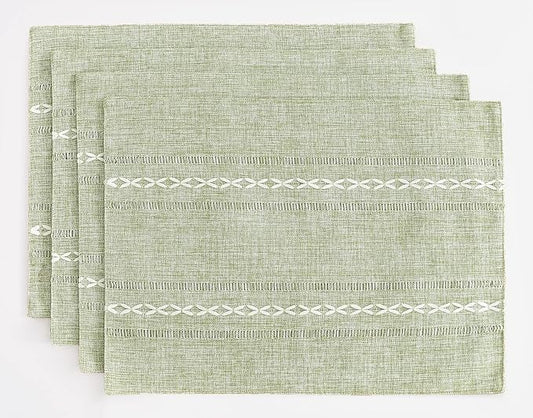 Wracra Cotton Linen Placemats, 12 x 18 Inch Set of 4 Fete Placemats Rustic Hemstitch Place Mats for Kitchen Table and Heat Resistant-Sage Green