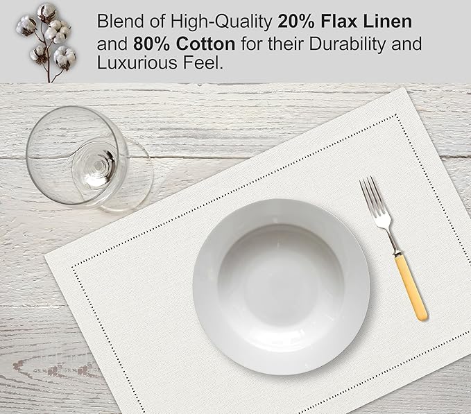 Ruvanti Linen Placemats Set of 6-13x19 Inch, Classic Hemstitch, Heat Resistant Machine Washable Place Mats, Soft & Elegant- Perfect for Christmas, Thanksgiving, Easter, Weddings, Dinner - Ivory