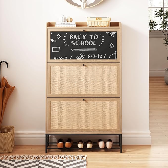 AVZEAR Shoes Cabinet, Narrow Shoes Storage Cabinet with 3 Flip Drawers, Free Standing Shoe Racks Organizer Farmhouse Tipping Bucket with Blackboard, Shoes Cabinet Storage Entryway Hallway, Natural