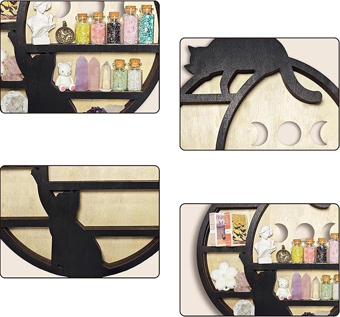 Cats on The Moon Crystal Display Shelf, Wooden Hanging Floating Shelf, Crescent Moon Phase Shelf Stones Essential Oil Organizer Rock Storage Gem Holder Wood Gothic Witchy Boho Home Wall Decor