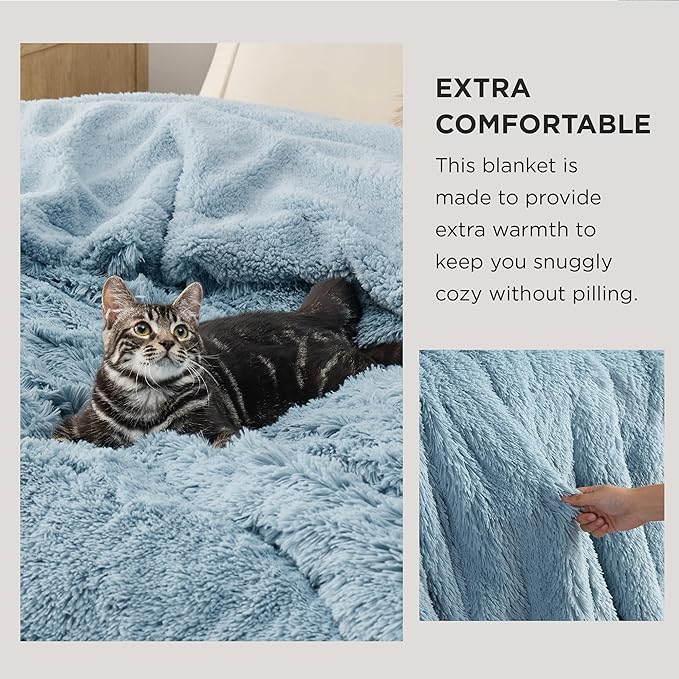 Bedsure Fluffy Light Blue Blankets Queen Size for Bed, Thick Sherpa Faux Fur Fleece Fuzzy Plush Winter Warm Soft Full Queen Blankets, Bedroom Decor Blue Gifts Cozy Gifts for Women Men, 90x90