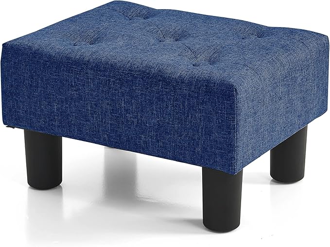 BRIAN & DANY Small Foot Stool, Linen Foot Stools with Legs, Stable Small Footstool for Living Room, Blue