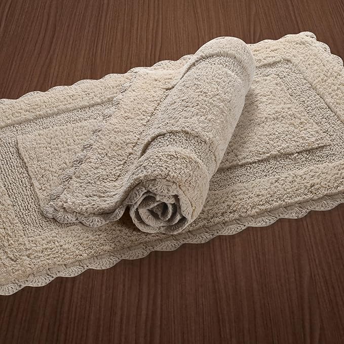Cotton Crochet Bathmat with Antiskid 21x34 Linen, 100% Pure Cotton, Super Soft White, Plush & Absorbent, Hand Tufted Heavy Weight Construction, Full Reversible Step Out Rugs