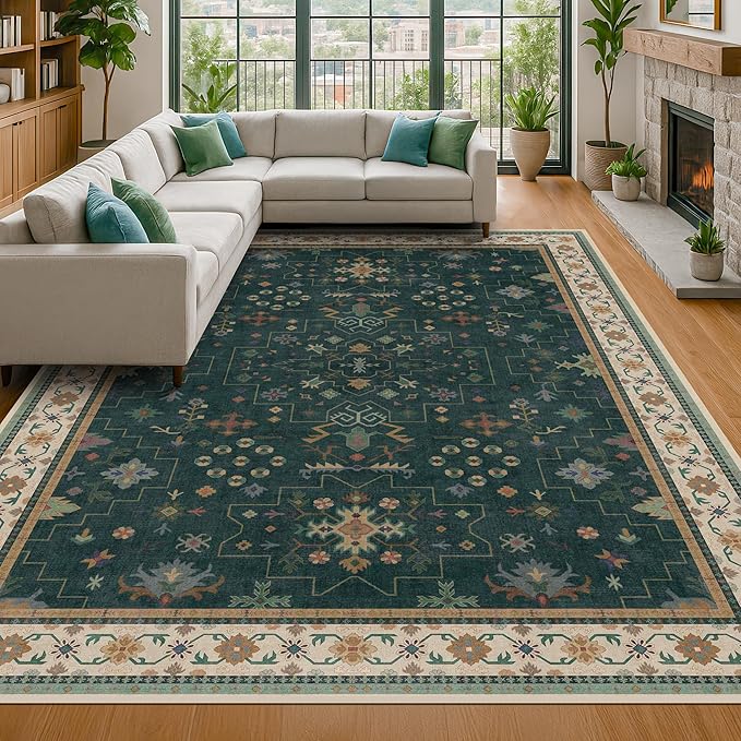Dark Green Oushak Living Room Rug 10x14 - Modern Vintage Boho Eclectic Floral Pastel, Washable Low Pile Non-Slip Extra Large Area Rugs for Dining Under Table Bedroom Lounge