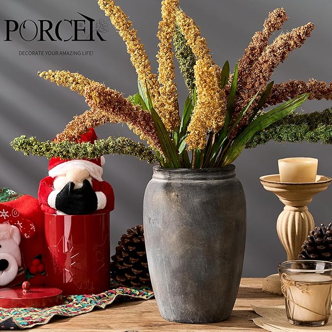 8.2 Inch Ceramic Terracotta Rustic Vase Home Decor Farmhouse Decorative Vase for Living Room Entryway Floor Holiday Wedding-Black Bronze