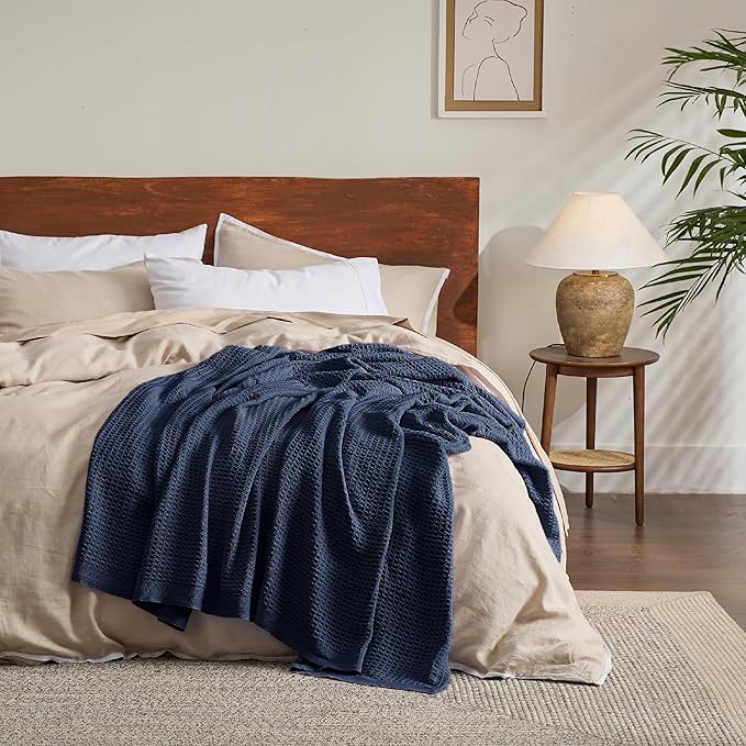 Bedsure 100% Cotton Blanket King Size for Bed - Breathable and Soft, Waffle Weave Blanket for Summer Spring, Pageant Blue, 104x90 inches