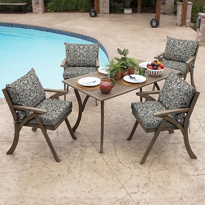 Arden Outdoor Dining Chair Cushion, 21 x 21, Rain-Proof, Fade Resistant 21 x 21, Black Aurora Damask