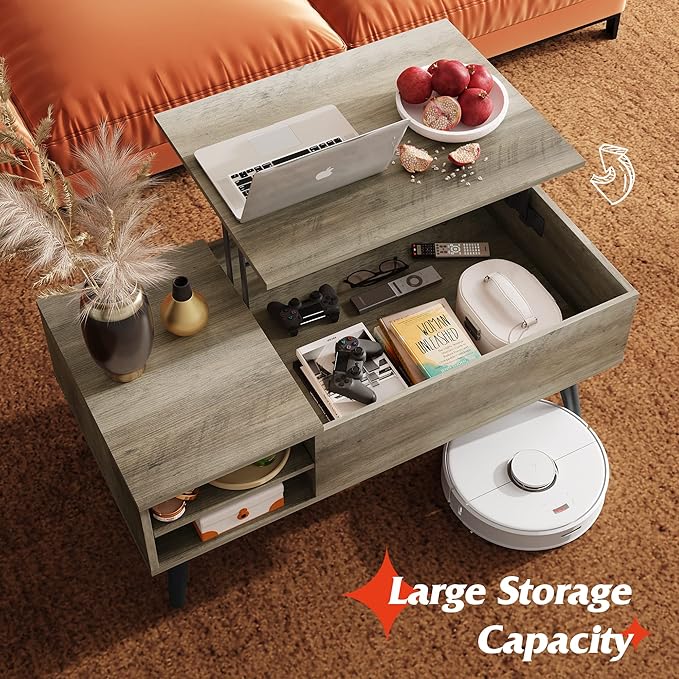 WLIVE Lift Top Coffee Table with Storage for Living Room,Small Hidden Compartment and Adjustable Shelf,Mid Century Modern ,Wood,Greige