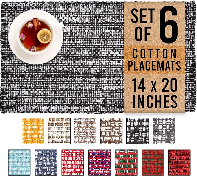Urban Villa Set of 6 Blak Placemats for Dining Table 100% CottonPlacemats 14''x20'' Over Sized Tablemats Placemats Black/White Two Tone Tablemats for Family Dinners Wedding Parties Everyday Use