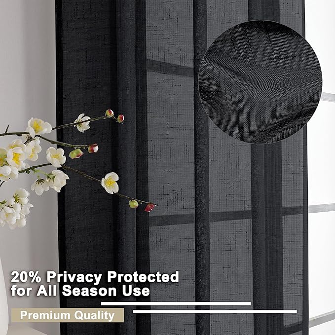 Aiyufeng Black Sheer Curtains, 72 inches Long 2 Panels, Fresh Textured Semi Sheer Linen Breathable Elegant Door Curtains & Drapes for Farmhouse/Living Room/Kitchen, 40Wx72L inch