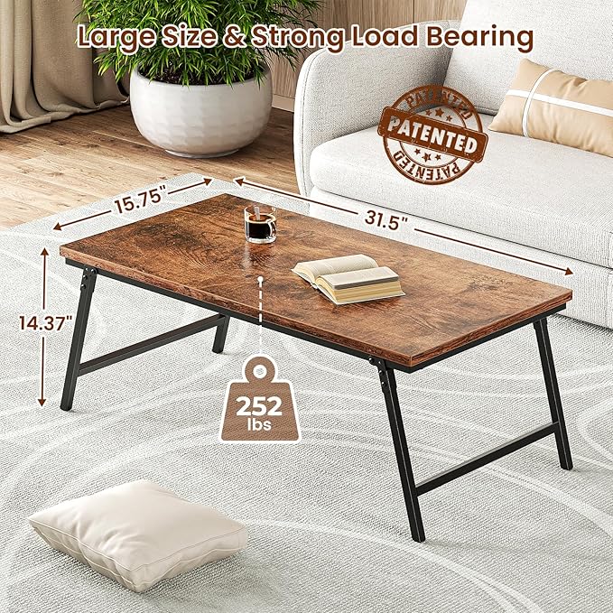 Small Folding Coffee Table for Small Spaces, Leg Latches Collapsible Foldable Coffee Table Portable Sturdy, No Assembly Low Tables for Living Room (Rustic Brown, Opened Size: 31.5L"×15.75W"×14.37H")