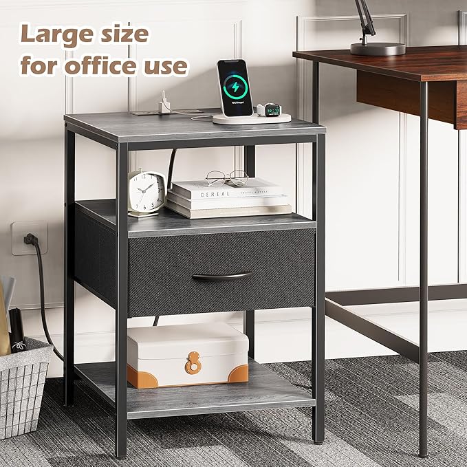 SUPERJARE Night Stand with Charger Station, 27.7 Inch Tall Nightstand with Adjustable Fabric Drawer, Bed Side Table, Fabric Drawer Dresser for Bedroom, Living Room, Charcoal Gray and Black