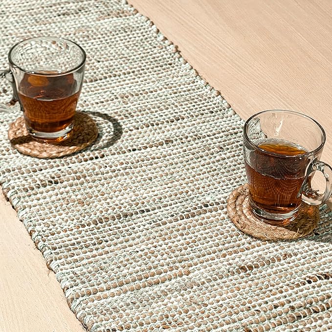 Chardin Home Natural Jute Table Runner 13x36 Inch – Vintage Boho Rustic Table Decor – Handwoven Jute Table Runner in Natural and Sage Green – Farmhouse Dining or Console Table Accent