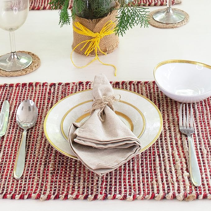 Chardin home | Natural Jute Placemats Set of 4 | 13x19 Inch. Rustic Farmhouse Place mats | Table mats Colors - Natural Jute and Red