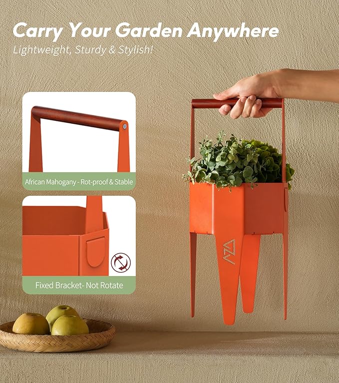 Planter with Stand, Metal 2 in 1 Portable Planter with Grow Bags & Handle, Stable Stylish Indoor Plant Pots with Stand, Modern Flower Pot Outdoor, 7.5'' x 17.3'', Orange, Plant Not Included
