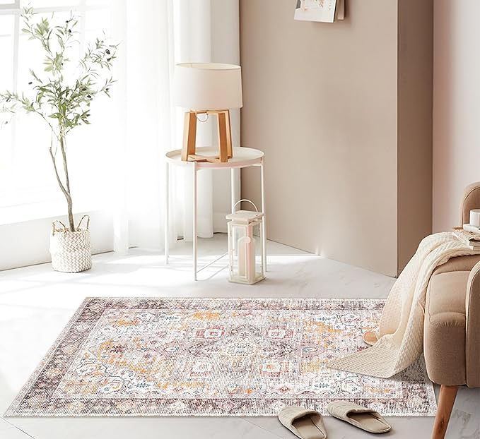 Feet Washable Soft Small Boho Area Rugs, Rags Rug, Printed Carpet Chennile Rugs for Living Room 27x45 inch Cream Brown Multi,Machine Washable Printed Rugs - 30% Cotton, 70% Polyester