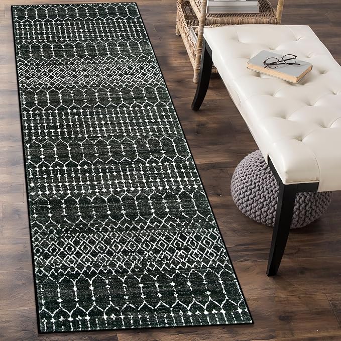 Lahome Moroccan Black Rug - 2x8 Washable Non-Skid Kitchen Floor Runner, Low-Profile, Non Slip, Geometric Print Distressed Entryway Runner for Hallways, Laundry Room, Foyer