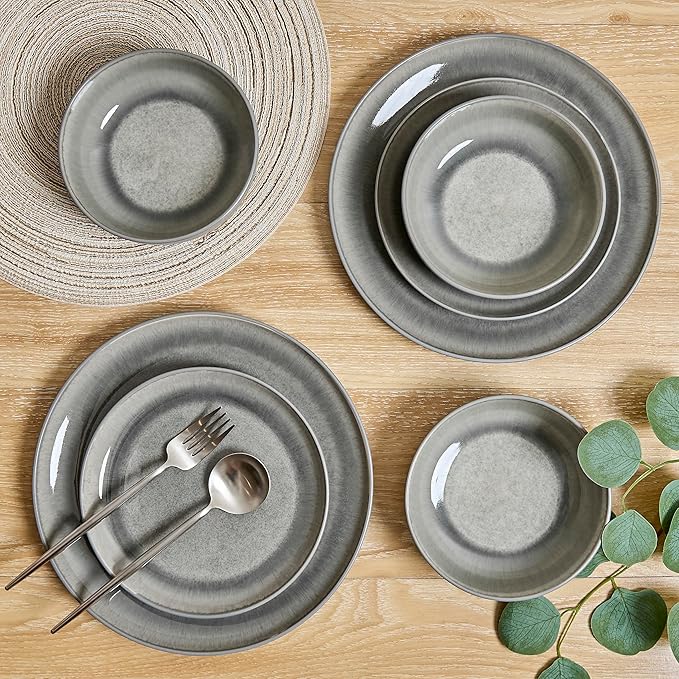 Sango Asher 12-Piece Stoneware Dinnerware Set – Service for 4, Modern Gray with Reactive Glaze, Perfect for Everyday Dining & Entertainment, Microwave & Dishwasher Safe