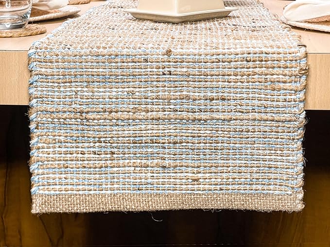 Chardin Home Natural Jute Table Runner 13x90 Inch – Vintage Boho Rustic Table Decor – Handwoven Jute Table Runner in Natural and Blue – Farmhouse Dining or Console Table Accent