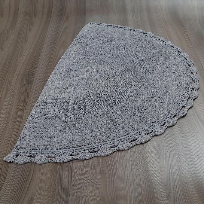 Half Circle Bohemian Bathroom Rug with Handwoven Chrochet Border, Beautifully Handcrafted 100% Cotton Mat - 22x42", Round Boho Bedroom Rug, Boho Bathroom Décor, Machine Washable - Charcoal Grey