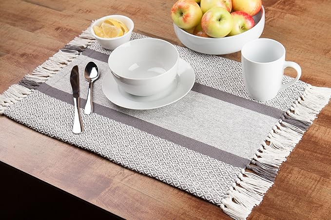 Sticky Toffee Cotton Placemats Set of 4 – Gray Woven 14x19 in Table Mats for Kitchen or Dining Table, Boho Style, Washable Cloth Placemats