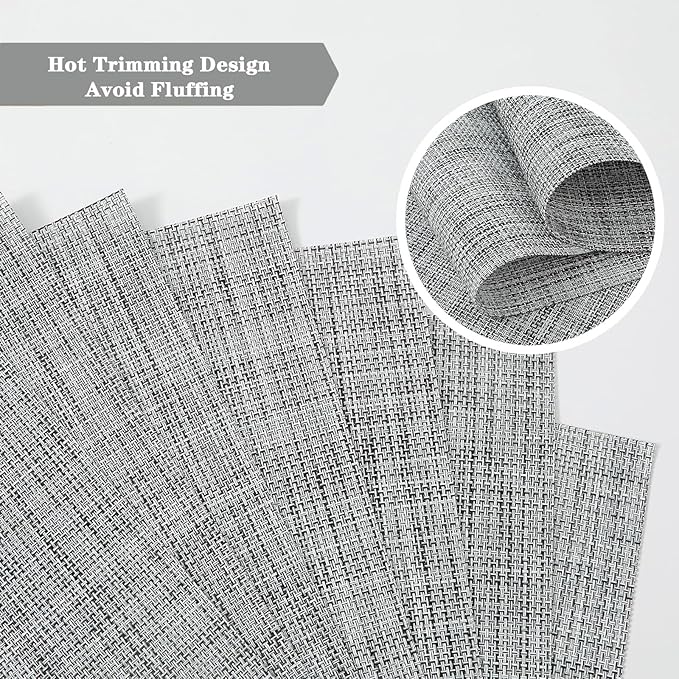 Grey Placemats Set of 4 - Heat Resistant Non-Slip Place mats for Dining Table, Washable Durable PVC Vinyl Woven Table Mats (Grey, 4)