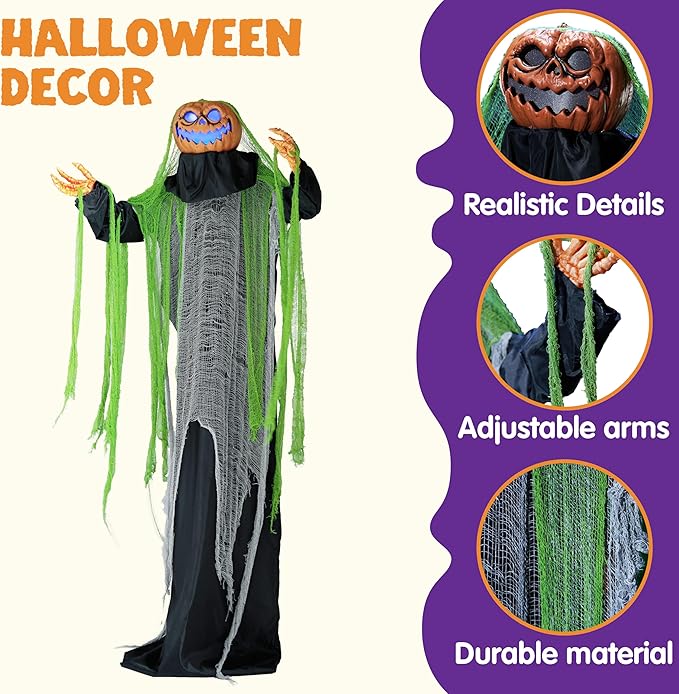 JOYIN 72" Halloween Decorations Outdoor Life Size Animatronics Ghost Pumpkin Decor, Sound-Actived Haunted House Props with Creepy Sound for Garden Yard Lawn
